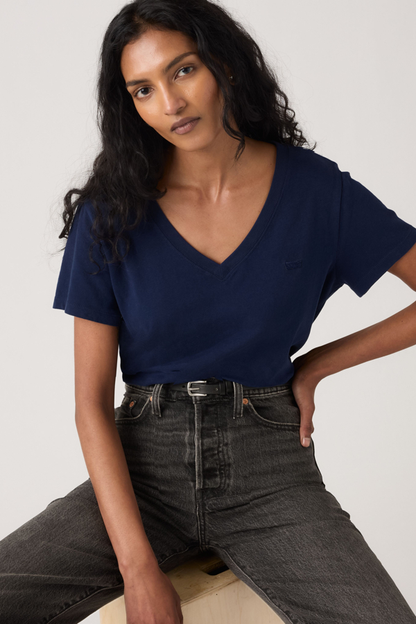 Camiseta de algodón con cuello de pico Favorite - Mujer - L - Azul / Peacoat