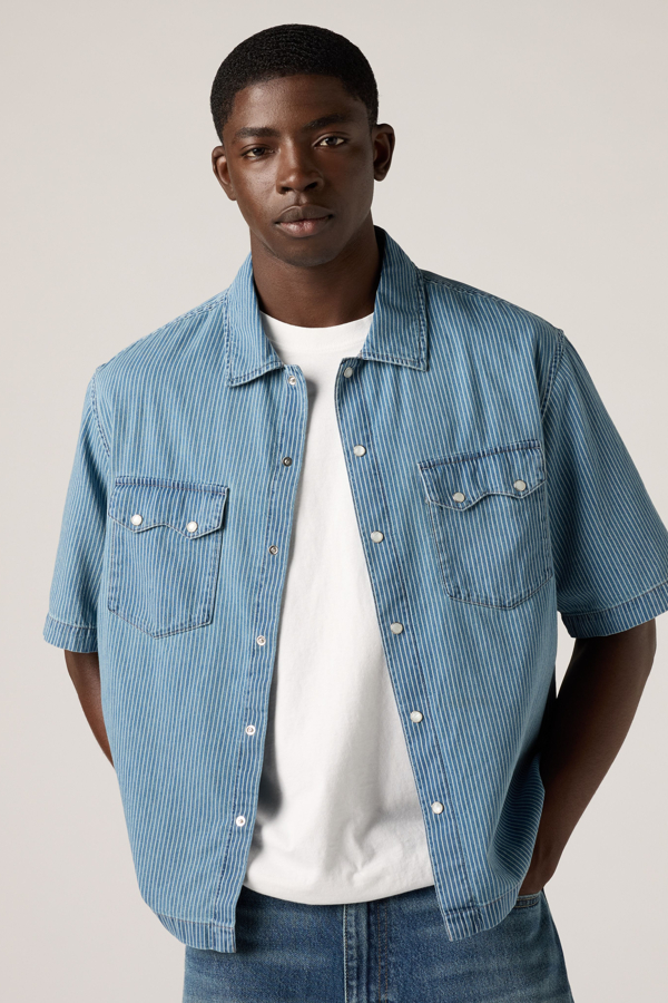 Short Sleeve Boxy Western Lightweight Shirt - Men - L - Medium Wash / Come Outside