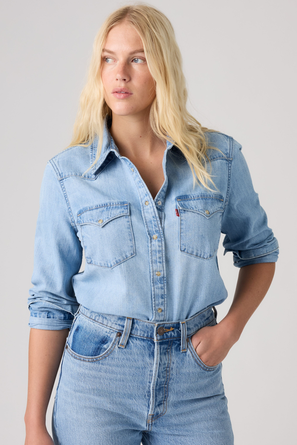 Heritage Western Denim Shirt - Women - L - Medium Wash / Sunbleach Sunset