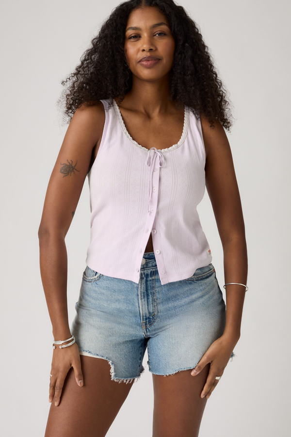 Dry Goods Pointelle Lace Tank Top - Women - L - Blue / Lavender Blue