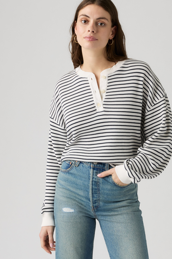 Dry Goods Relaxed Long Sleeve Henley - Mujer - L - Azul / Jane Stripe Navy Blazer