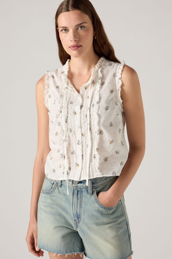 Shelby Sleeveless Slim Blouse - Women - L - White / Runa Floral Egret Cotton
