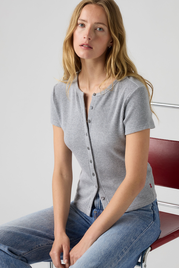 Rory Button Through Tee - Women - L - Grey / Medium Grey Heather