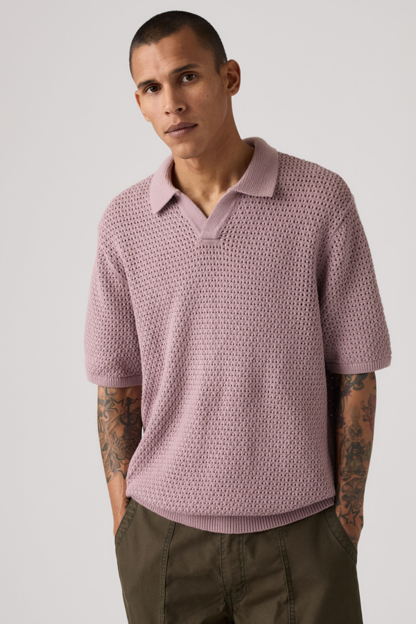 Dillon Open Collar Polo - Men - L - Pink / Quail