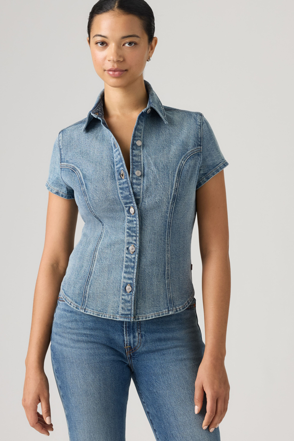 Short Sleeve Shaped Denim Shirt - Women - L - Medium Wash / Hazy Days Ss