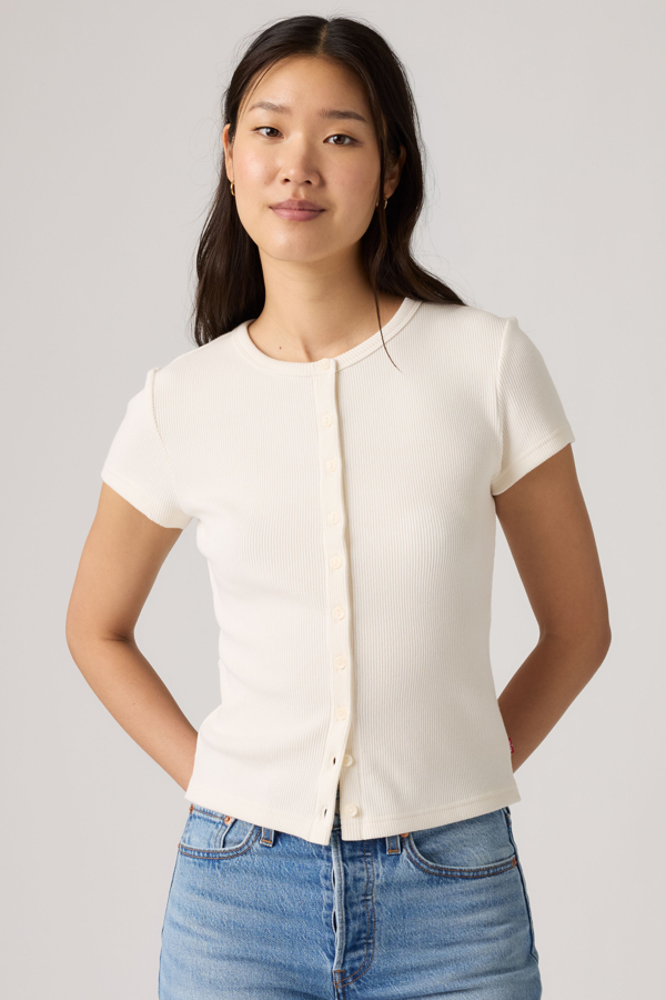 Rory Button Through Tee - Women - L - White / Egret Rib