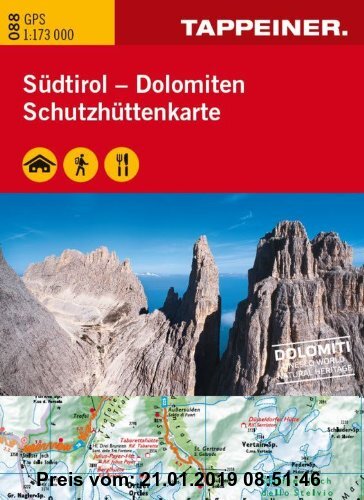 Gebr. - WAKA088 Schutzhüttenkarte Südtirol Dolomiten - GPS kompatibel - Topografische Straßenkarte 1:173.000