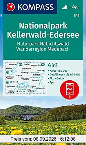 KOMPASS Wanderkarte Nationalpark Kellerwald-Edersee, Naturpark Habichtswald, Wanderregion Medebach: 4in1 Wanderkarte 1:50000 mit Aktiv Guide und ... Verwendung in der KOMPASS-App. Fahrradfahren.