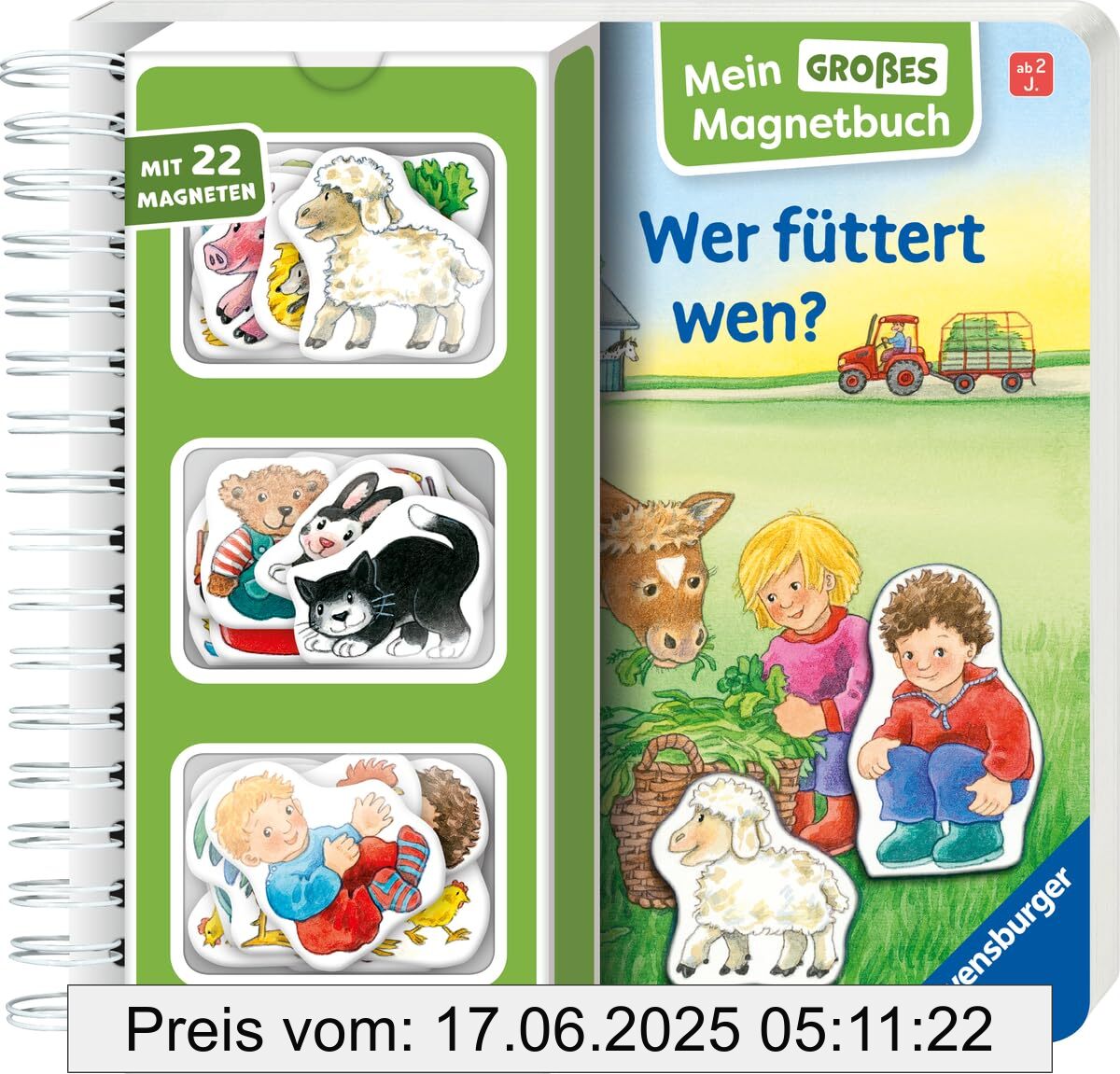 Binding : spiral_bound, Edition : 1, Label : Mein großes Magnetbuch : Wer füttert wen? - Magnet-Spielbuch ab 2 Jahren, Bilderbuch : Mit 22 Magneten, medium : spiral_bound, numberOfPages : 10, publicationDate : 2025-01-15, languages : german, ISBN : 347342160X