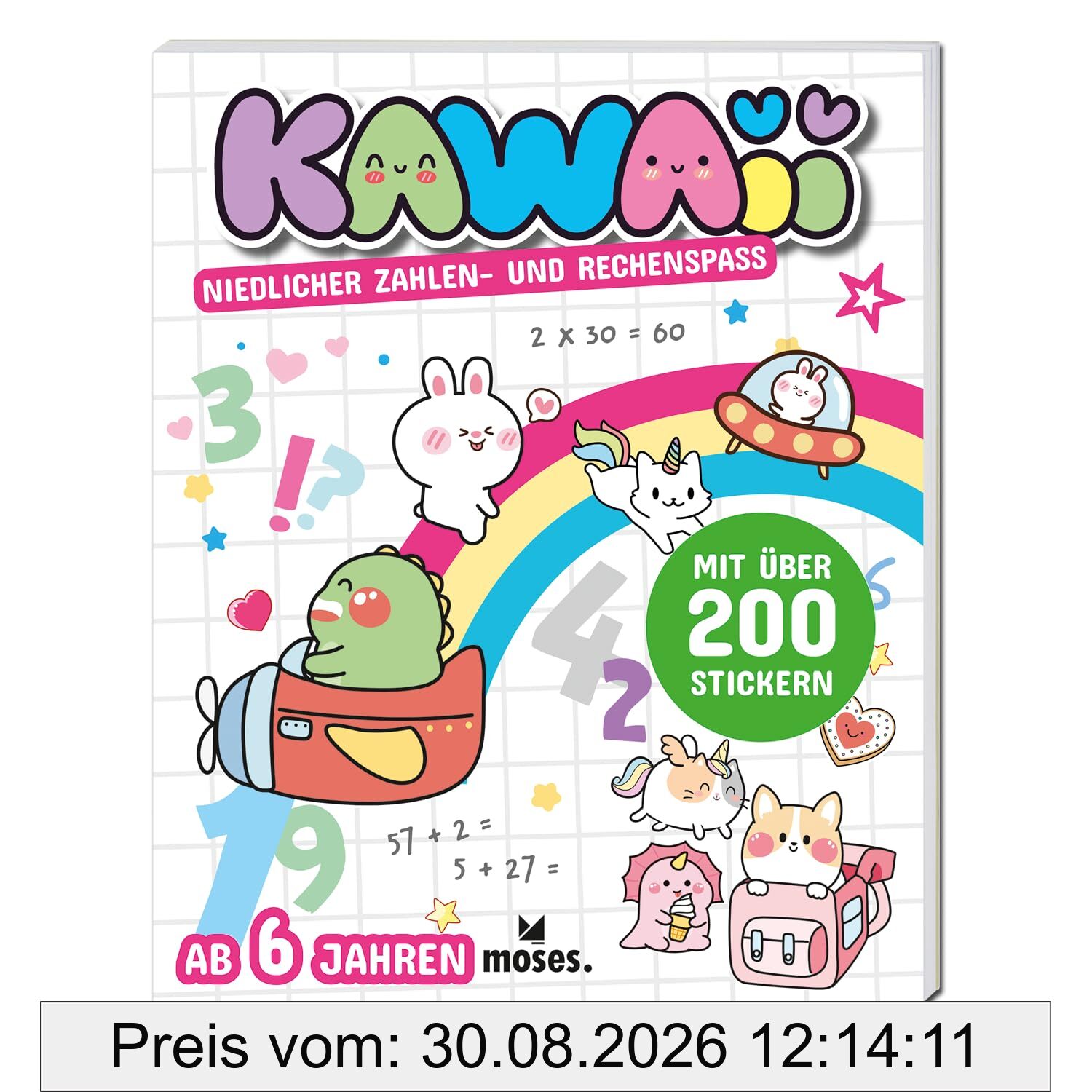 moses. Kawaii – Niedlicher Zahlen- und Rechenspaß, Activity-Buch mit Rätseln, Ausmalbildern und Stickern, Kawaii-Rätselbuch für Kinder ab 6 Jahren
