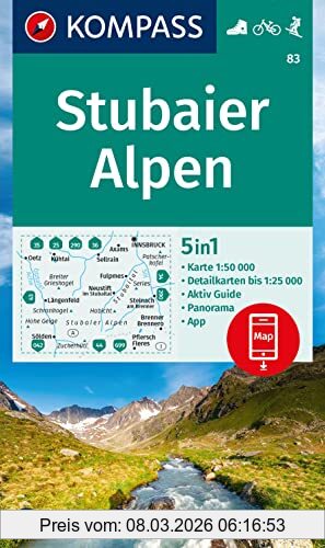 unbekannt Kompass Wanderkarte 83 Stubaier Alpen 1, 50.000, 5in1 Wanderkarte, Mit Panorama, Aktiv Guide Und Detailkarten Inklusive Karte Zur Offline Verwendung