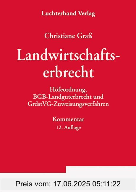 Brand : Hermann Luchterhand Verla, Binding : paperback, Edition : 12, Label : Das Landwirtschaftserbrecht : Höfeordnung, BGB-Landguterbrecht und GrdstVG-Zuweisungsverfahren Kommentar, medium : paperback, numberOfPages : 668, publicationDate : 2024-08-01, languages : german, ISBN : 3472098155