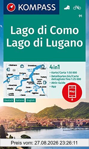 KOMPASS Wanderkarte 91 Lago di Como, Lago di Lugano 1:50.000: 4in1 Wanderkarte mit Aktiv Guide und Detailkarten inklusive Karte zur offline Verwendung in der KOMPASS-App. Fahrradfahren.