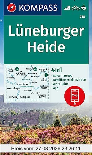 KOMPASS Wanderkarte 718 Lüneburger Heide 1:50.000: 4in1 Wanderkarte mit Aktiv Guide und Detailkarten inklusive Karte zur offline Verwendung in der KOMPASS-App. Fahrradfahren. Reiten.