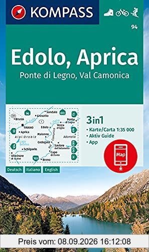 KOMPASS Wanderkarte Edolo, Aprica, Ponte di Legno, Val Camonica: 3in1 Wanderkarte 1:35000 mit Aktiv Guide inklusive Karte zur offline Verwendung in ... Skitouren. (KOMPASS-Wanderkarten, Band 94)