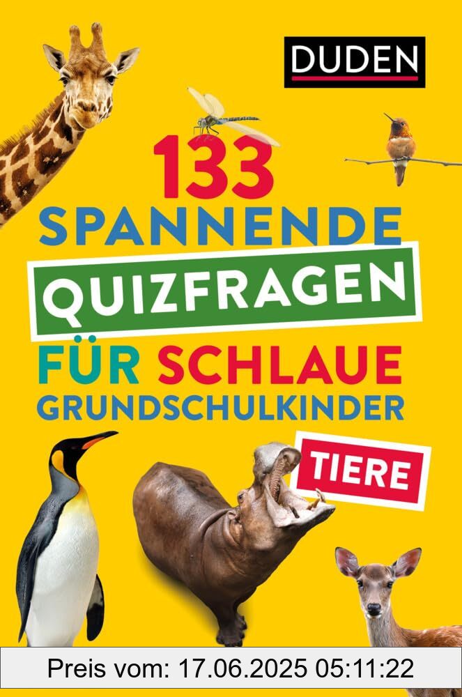 Binding : paperback, Edition : 1, Label : Tiere - 133 spannende Quizfragen für schlaue Grundschulkinder, medium : paperback, numberOfPages : 144, publicationDate : 2024-09-16, releaseDate : 2024-09-16, languages : german, ISBN : 3411720697