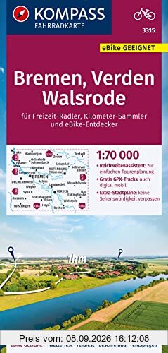 KOMPASS Fahrradkarte 3315 Bremen,Verden,Walsrode, 1:70000: reiß- und wetterfest mit Extra Stadtplänen (KOMPASS-Fahrradkarten Deutschland, Band 3315)