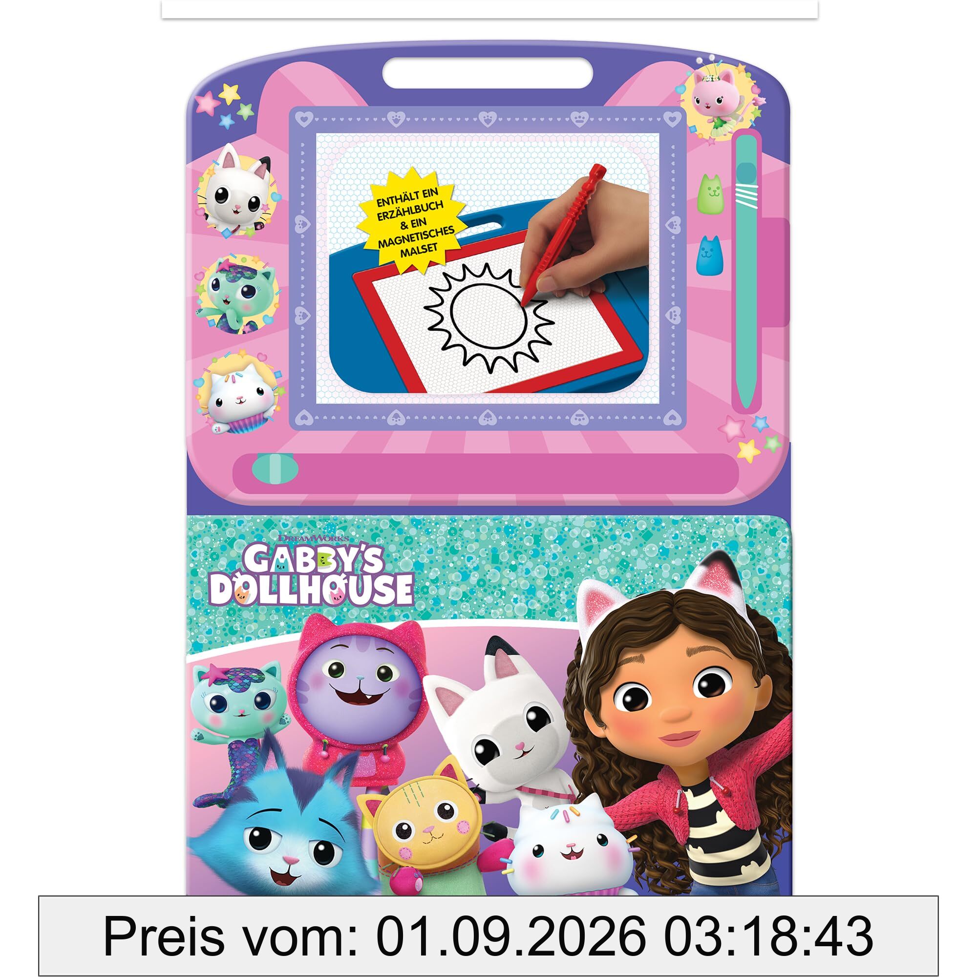 Gabby's Dollhouse Lern- und Zaubertafel – Lernmaterialien für Kinder, 22-seitiges Pappbilderbuch, 1 Magnetische Zeichentafel, 1 Magnetstift