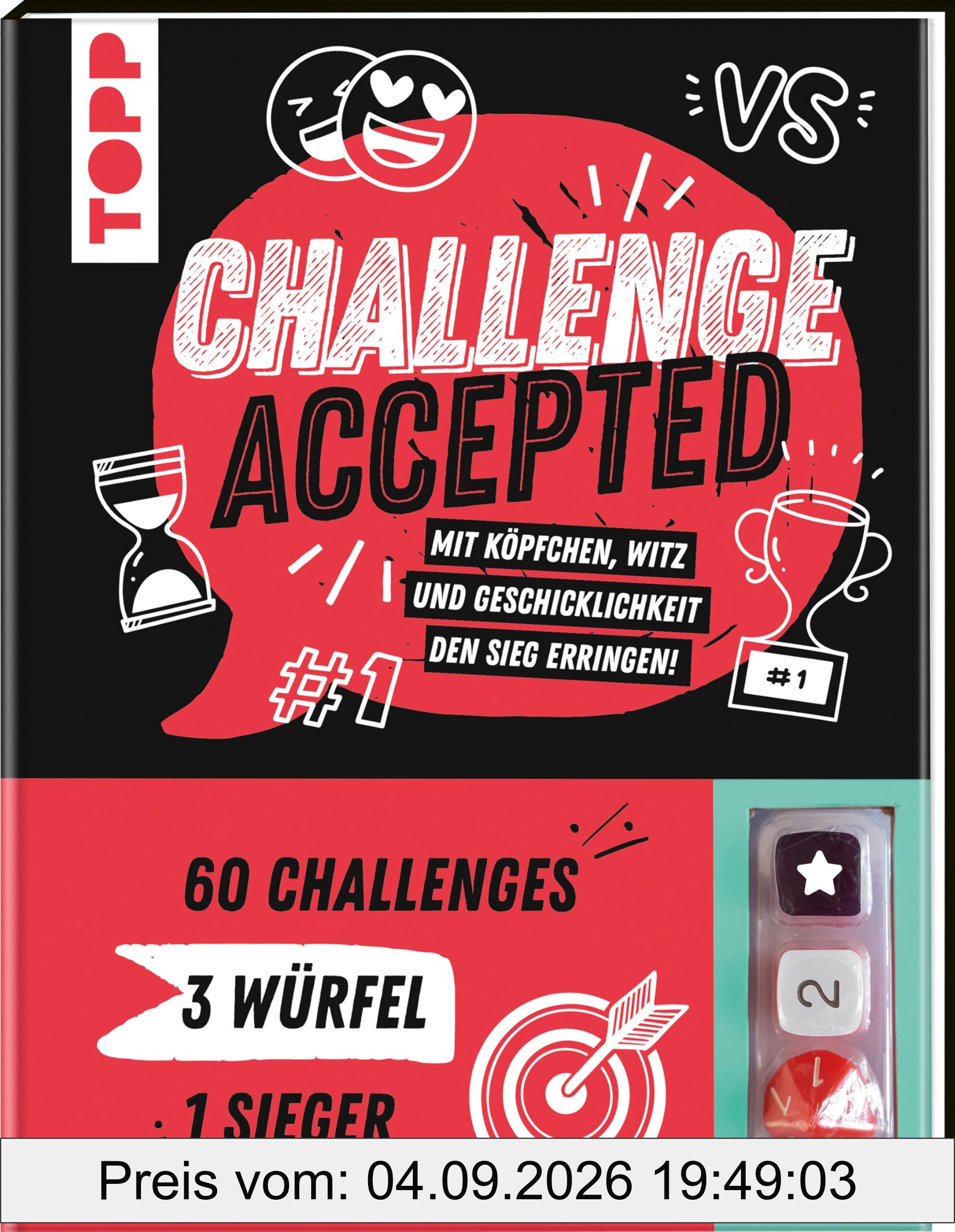 Challenge accepted! Mit 3 Würfeln und 60 Challenges: Mit Köpfchen, Witz und Geschicklichkeit den Sieg erringen. Ab 13 Jahren
