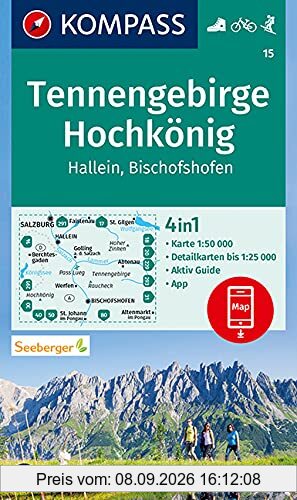 KOMPASS Wanderkarte Tennengebirge, Hochkönig, Hallein, Bischofshofen: 4in1 Wanderkarte 1:50000 mit Aktiv Guide und Detailkarten inklusive Karte zur ... Skitouren. (KOMPASS-Wanderkarten, Band 15)