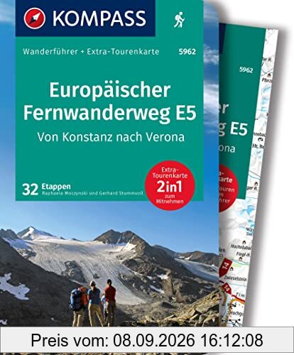 KOMPASS Wanderführer 5962 Europäischer Fernwanderweg E5, Von Konstanz nach Verona, 32 Etappen: Wanderführer mit Extra-Tourenkarte 1:50.000-62.500, GPX-Daten zum Download.