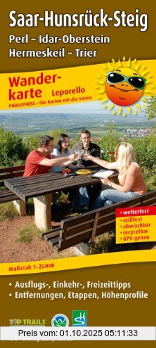 Wanderkarte Saar-Hunsrück-Steig: mit Ausflugszielen, Einkehr- & Freizeittipps, Entfernungen, Etappen, Höhenprofile, wetterfest, reissfest, abwischbar, GPS-genau. 1:25000