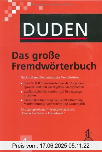 Brand : Duden, Binding : Gebundene Ausgabe, Edition : 4., aktualisierte A., Label : Bibliographisches Institut, Mannheim, Publisher : Bibliographisches Institut, Mannheim, medium : Gebundene Ausgabe, numberOfPages : 1548, publicationDate : 2007-02-15, publishers : Ursula Kraif, languages : german, ISBN : 3411041641