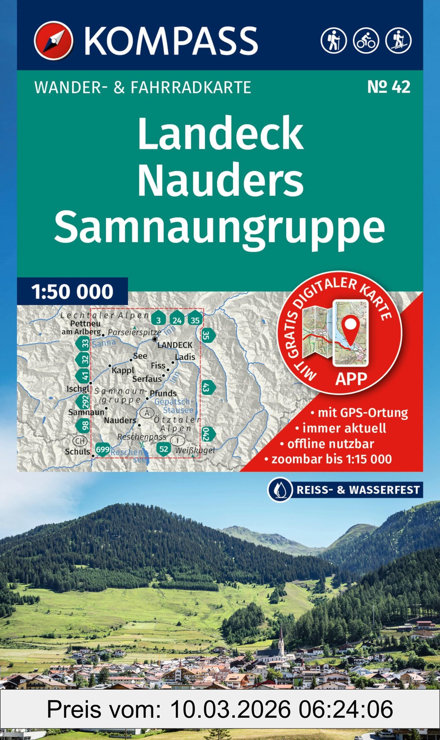 unbekannt Kompass Wanderkarte 42 Landeck, Nauders, Samnaungruppe 1, 50.000, Wander- Und Fahrradkarte In Einem - Inklusive Offline-Verwendung In Der
