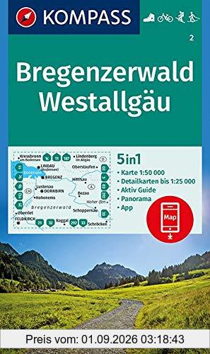 Bregenzerwald, Westallgäu: 5in1 Wanderkarte 1:50000 mit Aktiv Guide, Detailkarten und Panorama inklusive Karte zur offline Verwendung in der ... Langlaufen. (KOMPASS-Wanderkarten, Band 2)