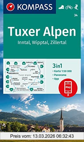 unbekannt Kompass Wanderkarte 34 Tuxer Alpen, Inntal, Wipptal, Zillertal 1, 50.000, 3in1 Wanderkarte, Mit Panorama, Inklusive Karte Zur Offline Verwendung In