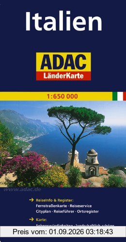 ADAC Länderkarte Italien 1:650.000: Mit Fernstraßenkarte, Reiseservice, Cityplan Rom, Reiseführer, Ortsregister