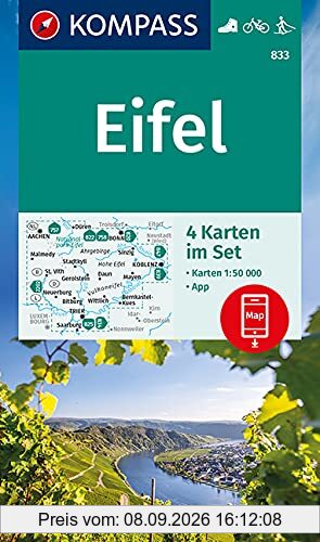 KOMPASS Wanderkarte Eifel: 4 Wanderkarten 1:50000 im Set inklusive Karte zur offline Verwendung in der KOMPASS-App. Fahrradfahren. Langlaufen. (KOMPASS-Wanderkarten, Band 833)
