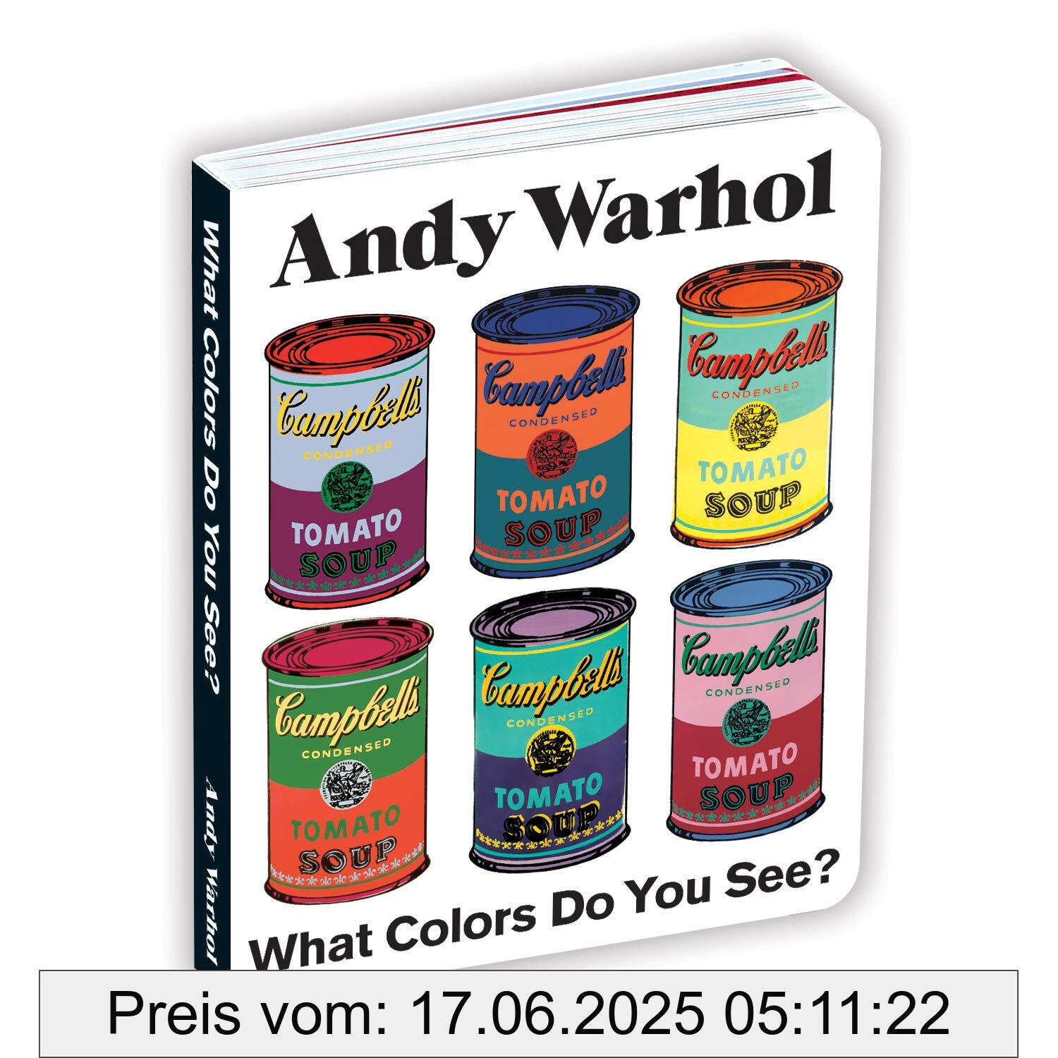 Brand : Galison, Binding : board_book, Edition : 1, Label : Andy Warhol What Colors Do You See? Board Book : Mudpuppy, medium : board_book, numberOfPages : 28, publicationDate : 2020-01-21, releaseDate : 2020-01-21, languages : english, ISBN : 073536379X