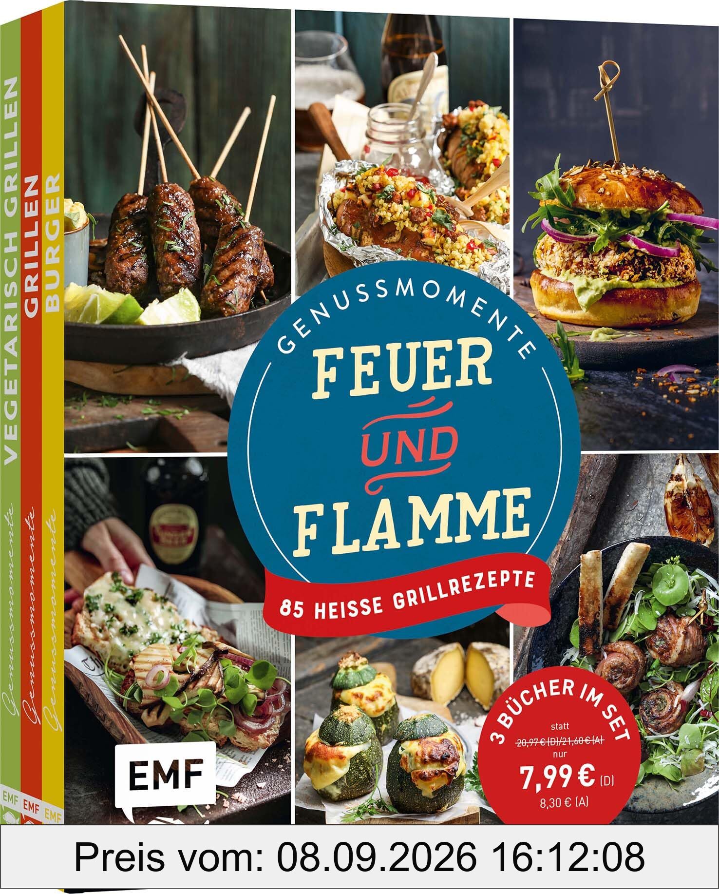 Genussmomente: Feuer und Flamme: 85 heiße Grillrezepte von Veggie bis Burger | 3 Bücher im Set für alle Grilltypen – ob für Kugelgrill, Smoker, Elektrogrill, Kontaktgrill, Gasgrill oder Holzkohlegrill