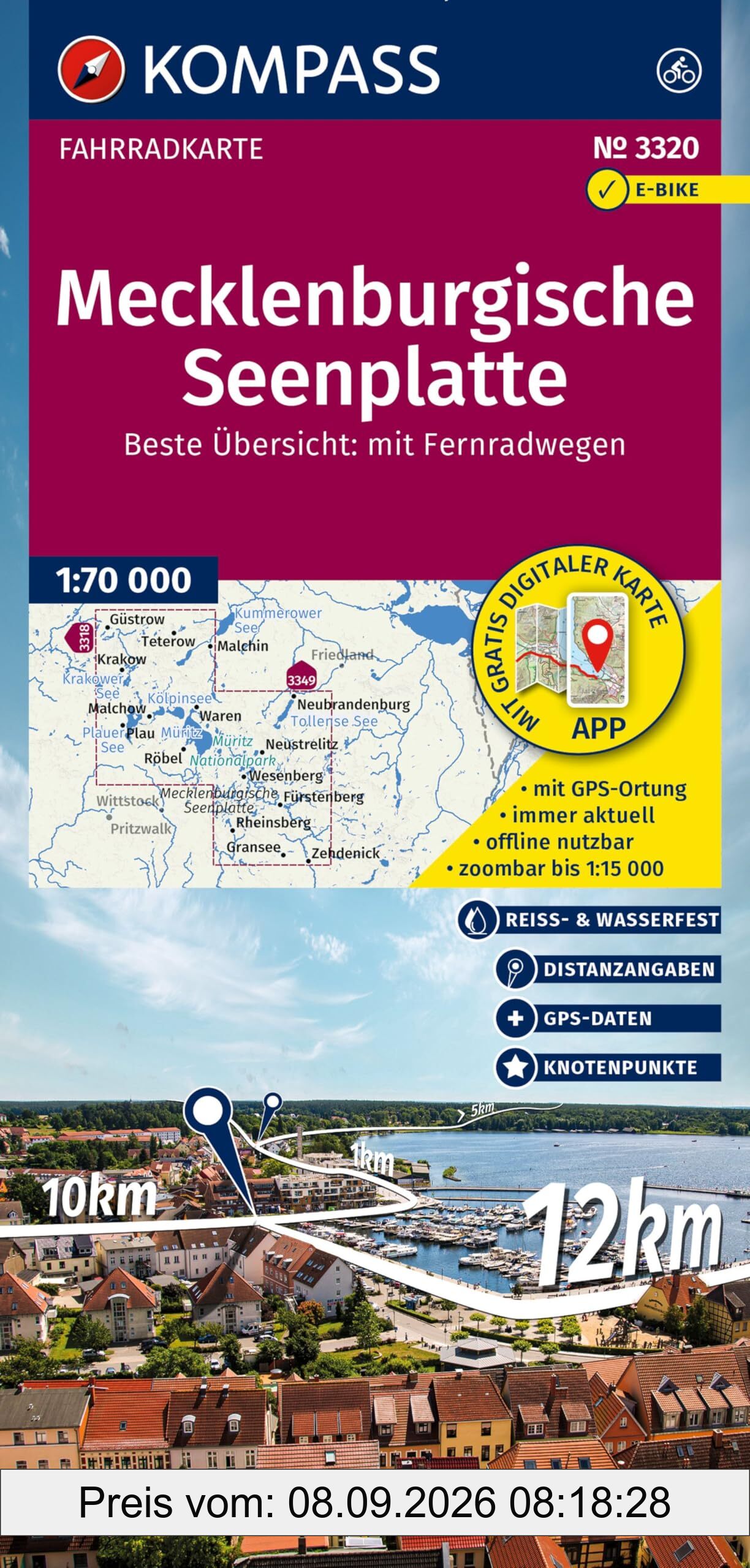 KOMPASS Fahrradkarte 3320 Mecklenburgische Seenplatte mit Knotenpunkten 1:70.000: reiß- und wetterfest