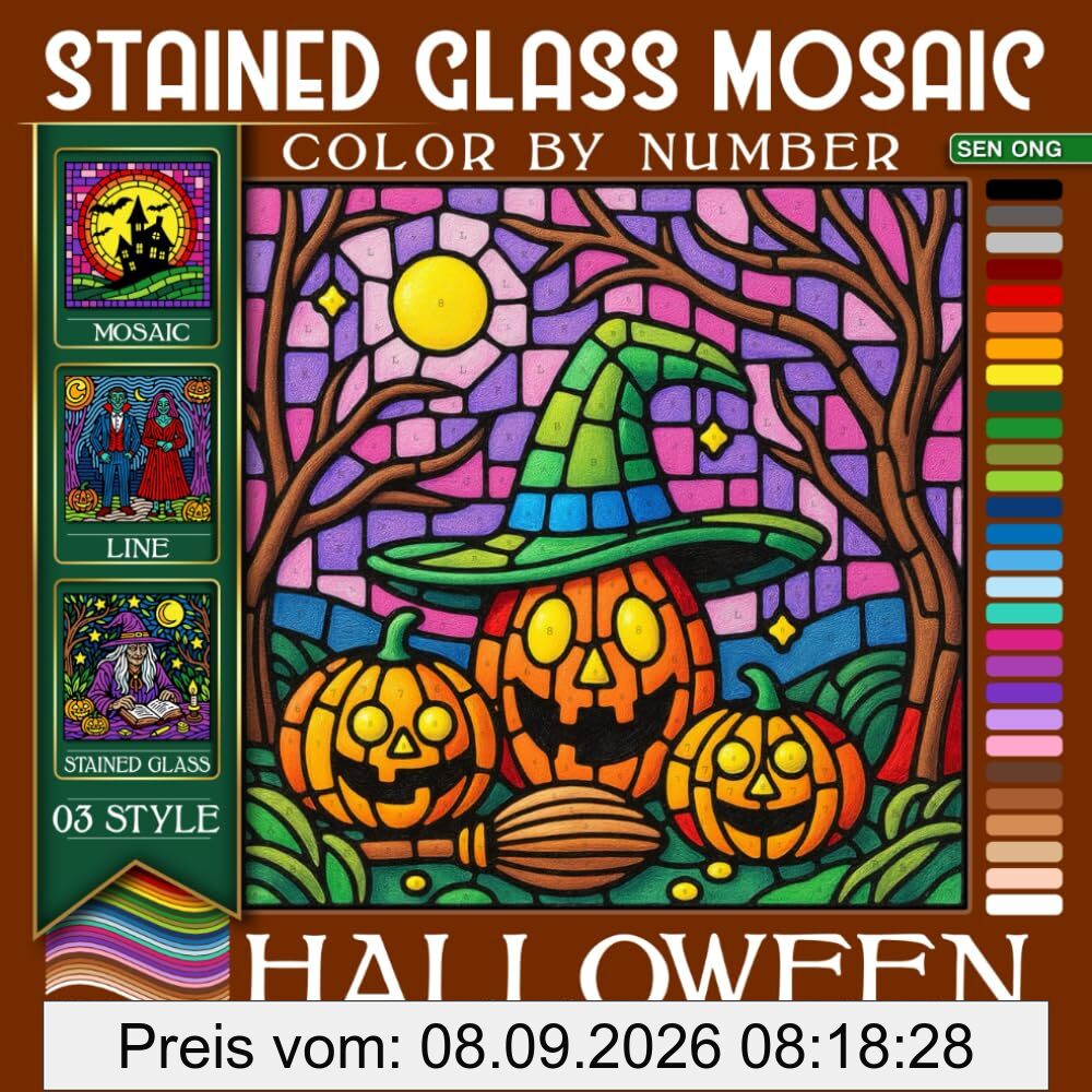 Halloween Stained Glass Mosaic Color By Number: 100 Spooky & Stunning Designs for Adults to Relax & Create