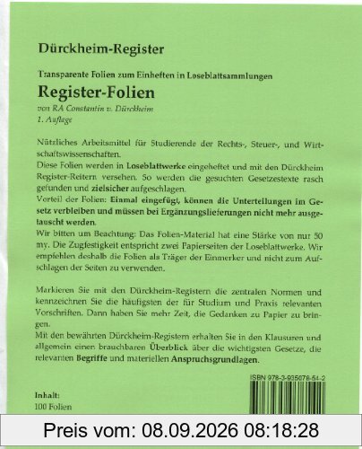 Griffregister-FOLIEN (edition A-13) zum Einheften und Unterteilen der Gesetzessammlungen mit original Dürckheim Griffregister (2013)