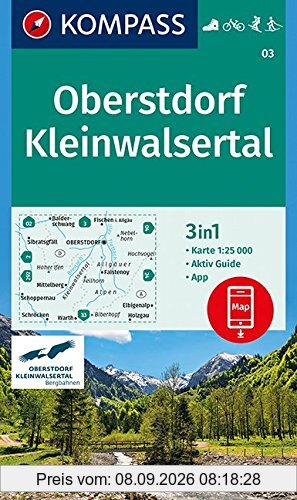 Oberstdorf, Kleinwalsertal: 3in1 Wanderkarte 1:25000 mit Aktiv Guide inklusive Karte zur offline Verwendung in der KOMPASS-App. Fahrradfahren. Skitouren. Langlaufen. (KOMPASS-Wanderkarten, Band 3)