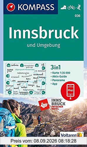 Innsbruck und Umgebung: 3in1 Wanderkarte 1:35000 mit Aktiv Guide und Panorama inklusive Karte zur offline Verwendung in der KOMPASS-App. Fahrradfahren. Skitouren. (KOMPASS-Wanderkarten, Band 36)