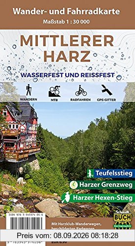 Mittlerer Harz: Wasserfeste und Reißfeste Wander- und Fahrradkarte