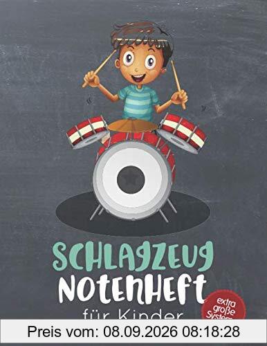Schlagzeug Notenheft für Kinder: Blanko Notenheft mit 8 extra großen Systemen pro Seite für kleine Schlagzeugerinnen & Schlagzeuger, 100 Seiten A4, ... Instrumentalunterricht, Musiktheorie