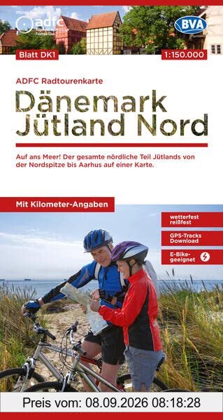 ADFC-Radtourenkarte DK1 Dänemark/Jütland Nord 1:150.000, reiß- und wetterfest, E-Bike geeignet, GPS-Tracks Download, mit Bett+Bike Symbolen, mit ... einer Karte. (ADFC-Radtourenkarte 1:150.000)