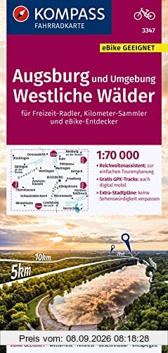 KOMPASS Fahrradkarte 3347 Augsburg und Umgebung, Westliche Wälder 1:70.000: reiß- und wetterfest mit Extra Stadtplänen
