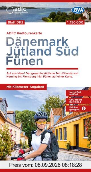 ADFC-Radtourenkarte DK2 Dänemark/Jütland Süd/ Fünen 1:150.000, reiß- und wetterfest, E-Bike geeignet, GPS-Tracks Download, mit Bett+Bike Symbolen, mit ... einer Karte. (ADFC-Radtourenkarte 1:150.000)