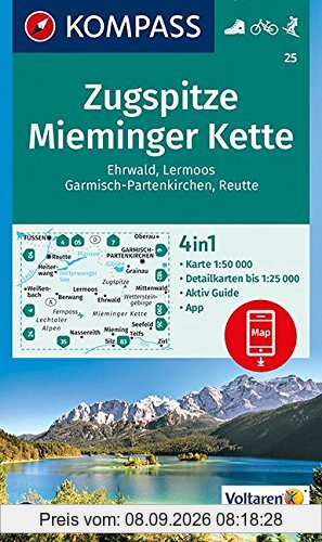 Zugspitze, Mieminger Kette, Ehrwald, Lermoos, Garmisch-Partenkirchen, Reutte: 4in1 Wanderkarte 1:50000 mit Aktiv Guide und Detailkarten inklusive ... Skitouren. (KOMPASS-Wanderkarten, Band 25)