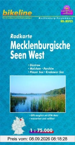 Bikeline Radkarte Deutschland: Mecklenburgische Seen West, Güstrow, Malchow, Parchim, Plauer See, Krakower See, RK-MV05, 1 : 75 000, wasserfest/reißfest, GPS-tauglich mit UTM-Netz