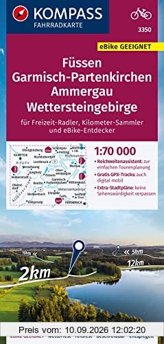 KOMPASS Fahrradkarte 3350 Füssen, Garmisch-Partenkirchen, Ammergau, Wettersteingebirge 1:70.000: reiß- und wetterfest mit Extra Stadtplänen