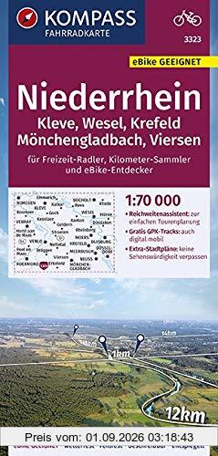 KOMPASS Fahrradkarte Niederrhein, Kleve, Wesel, Krefeld, Mönchengladbach, Viersen 1:70.000, FK 3323: reiß- und wetterfest mit Extra Stadtplänen (KOMPASS-Fahrradkarten Deutschland, Band 3323)