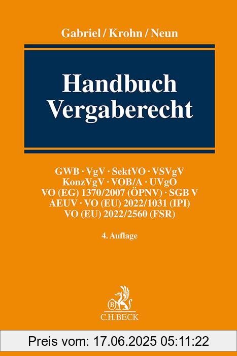 Binding : hardcover, Edition : 4, Label : Handbuch Vergaberecht : GWB, VgV, SektVO, VSVgV, KonzVgV, VOB/A, UVgO, VO (EG) 1370/2007 (ÖPNV), SGB V, AEUV, VO (EU) 2022/1031 (IPI), VO (EU) 2022/2560 (FSR), medium : hardcover, numberOfPages : 2545, publicationDate : 2024-09-19, languages : german, ISBN : 3406802338