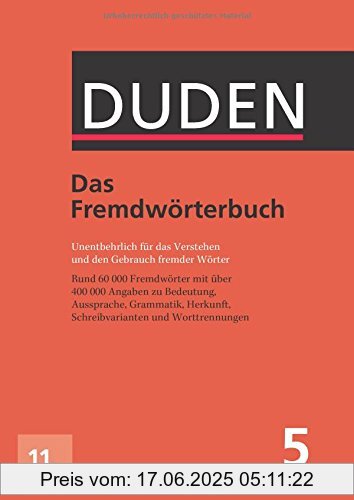Binding : Gebundene Ausgabe, Edition : 11., vollst. überarb. u. akt. Aufl., Label : Bibliographisches Institut, Publisher : Bibliographisches Institut, medium : Gebundene Ausgabe, numberOfPages : 1136, publicationDate : 2015-03-11, authors : Dudenredaktion, languages : german, ISBN : 3411040610